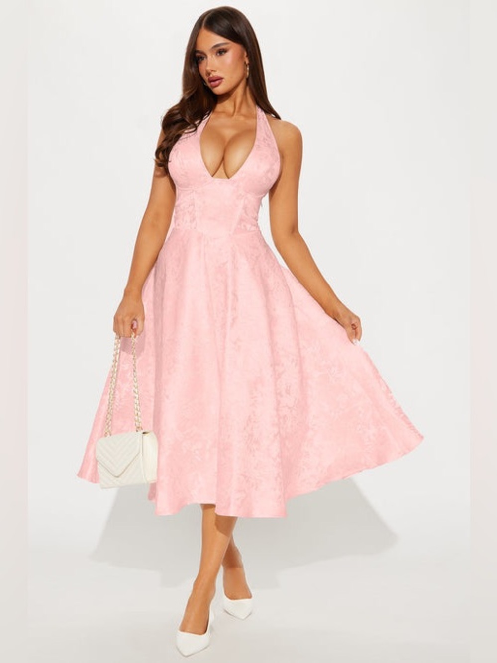 Fashion Nova Pink Jacquard Corset Midi Dress - Size S - Halter & Lace Up Back